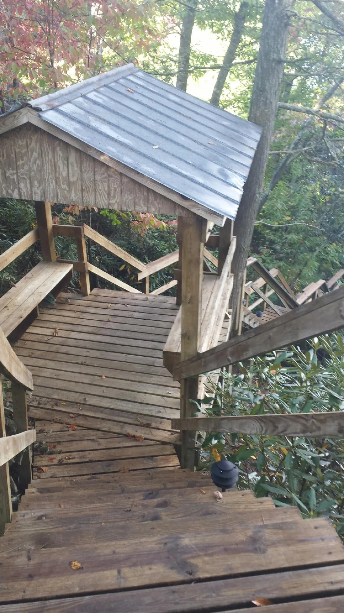 Metal roofed shelter over wooden steps on a wooded walkway — Skylight Repair & Installation work by our crew in Lyles